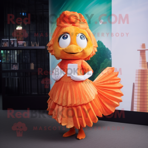 Orange Betta Fish mascot costume character dressed with a Pleated Skirt and Coin purses