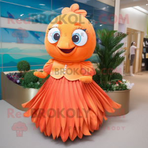 Orange Betta Fish mascot costume character dressed with a Pleated Skirt and Coin purses