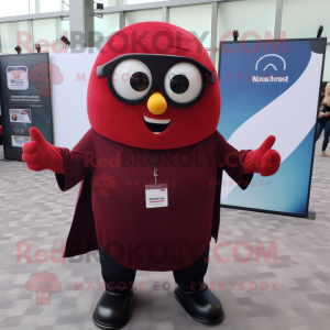 Maroon Shakshuka mascot costume character dressed with a Suit Jacket and Eyeglasses