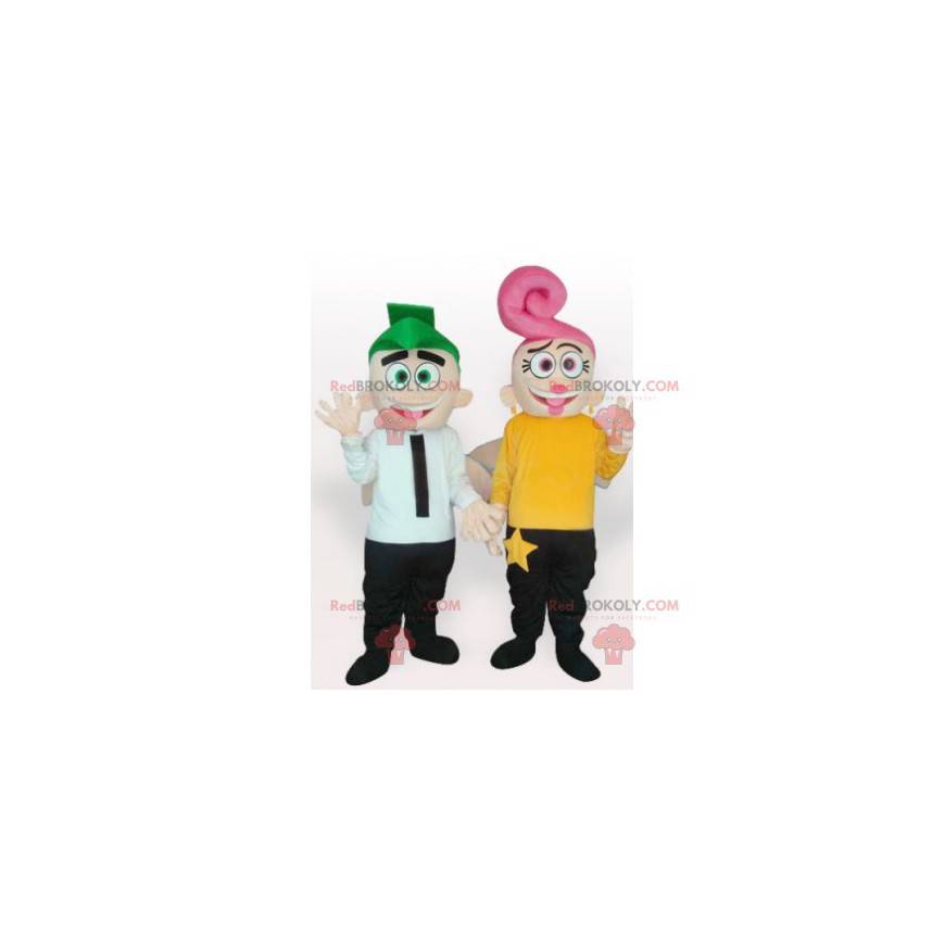 2 mascottes van man en vrouw met gekleurd haar - Redbrokoly.com