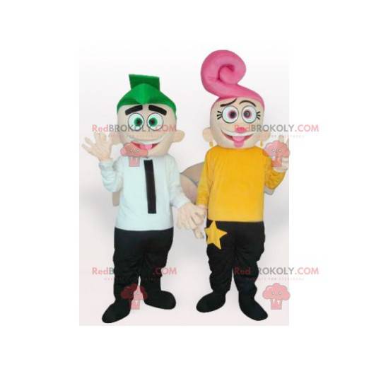 2 mascottes d'homme et de femme avec des cheveux colorés -