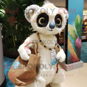 Cream Lemur mascot costume character dressed with a Wrap Dress and Tote bags