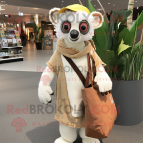 Cream Lemur mascot costume character dressed with a Wrap Dress and Tote bags