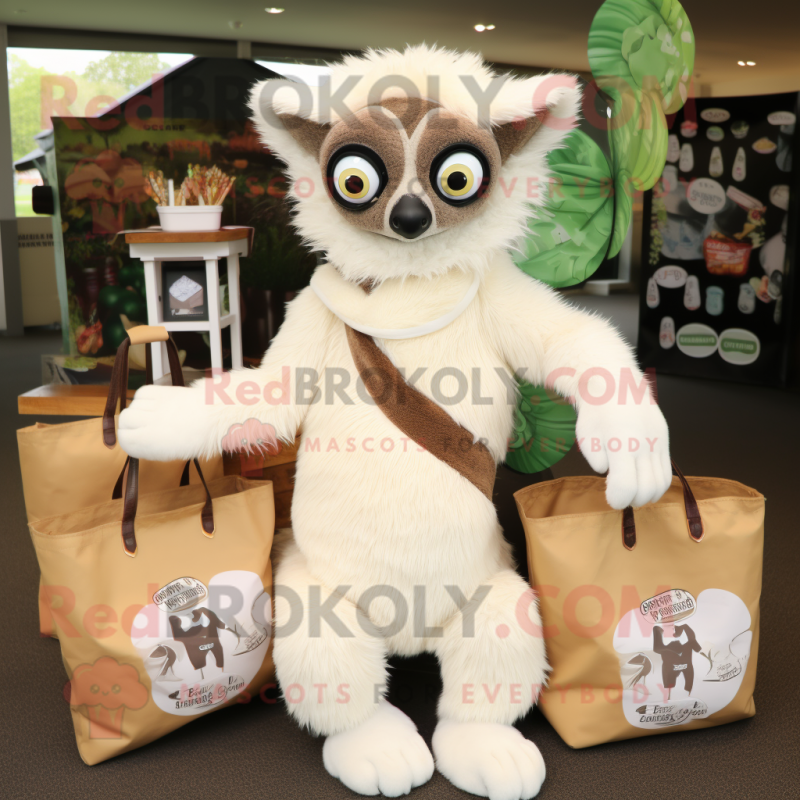 Cream Lemur mascot costume character dressed with a Wrap Dress and Tote bags Cream Lemur mascot costume character dressed with a Wrap Dress and Tote bags