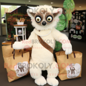 Cream Lemur mascot costume character dressed with a Wrap Dress and Tote bags
