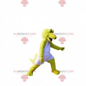 Neonově žlutý maskot krokodýla s bílým sportovním oblečením -