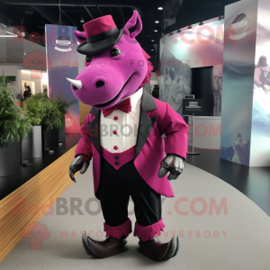 Magenta Rhinoceros mascot costume character dressed with a Tuxedo and Shoe laces