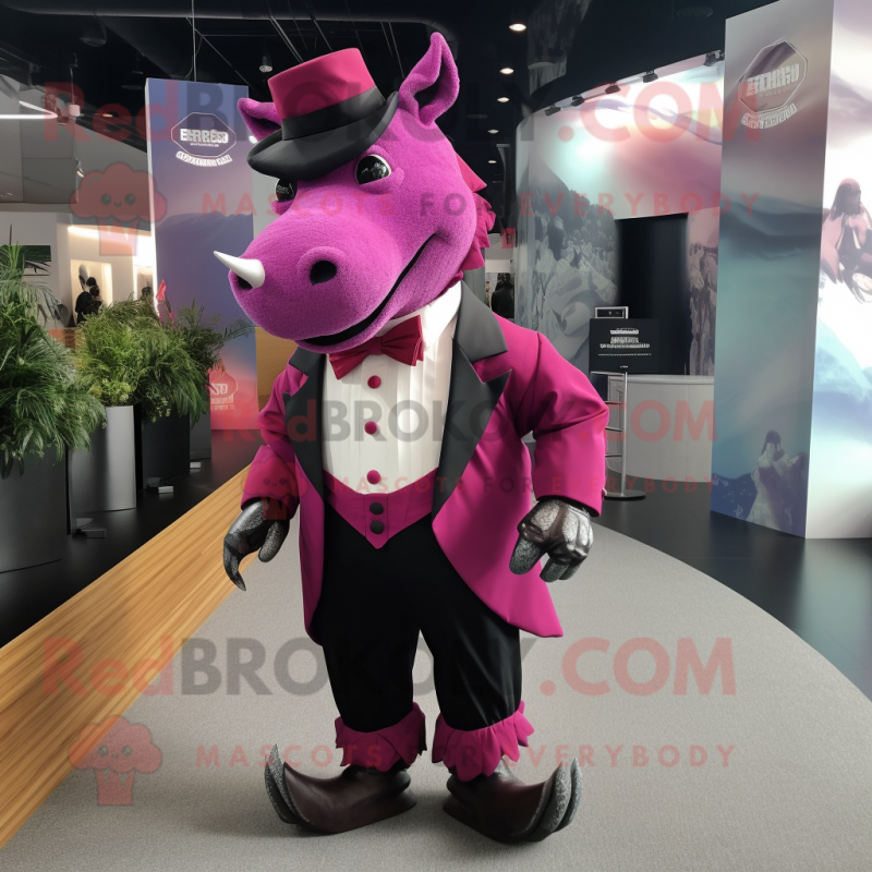 Magenta Rhinoceros mascot costume character dressed with a Tuxedo and Shoe laces Magenta Rhinoceros mascot costume character dressed with a Tuxedo and Shoe laces