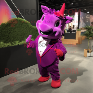 Magenta Rhinoceros mascot costume character dressed with a Tuxedo and Shoe laces