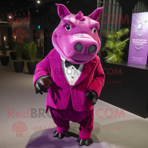 Magenta Rhinoceros mascot costume character dressed with a Tuxedo and Shoe laces