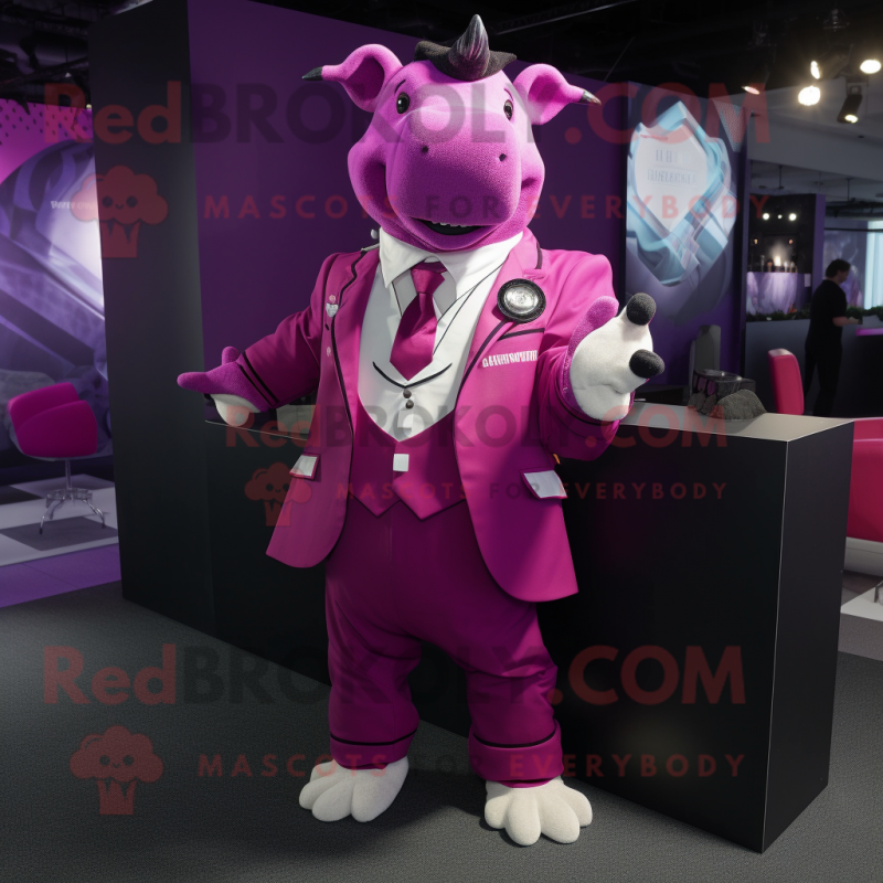 Magenta Rhinoceros mascot costume character dressed with a Tuxedo and Shoe laces