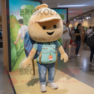Tan Melon mascot costume character dressed with a Chambray Shirt and Backpacks