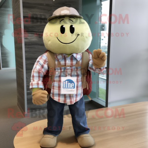 Tan Melon mascot costume character dressed with a Chambray Shirt and Backpacks