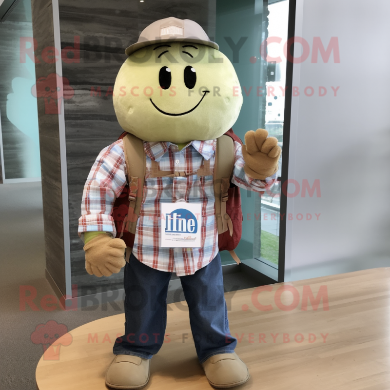 Tan Melon mascot costume character dressed with a Chambray Shirt and Backpacks Tan Melon mascot costume character dressed with a Chambray Shirt and Backpacks