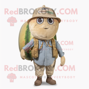 Tan Melon mascot costume character dressed with a Chambray Shirt and Backpacks