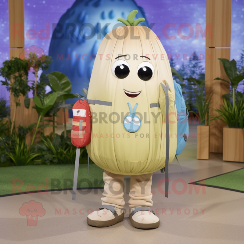 Tan Melon mascot costume character dressed with a Chambray Shirt and Backpacks Tan Melon mascot costume character dressed with a Chambray Shirt and Backpacks