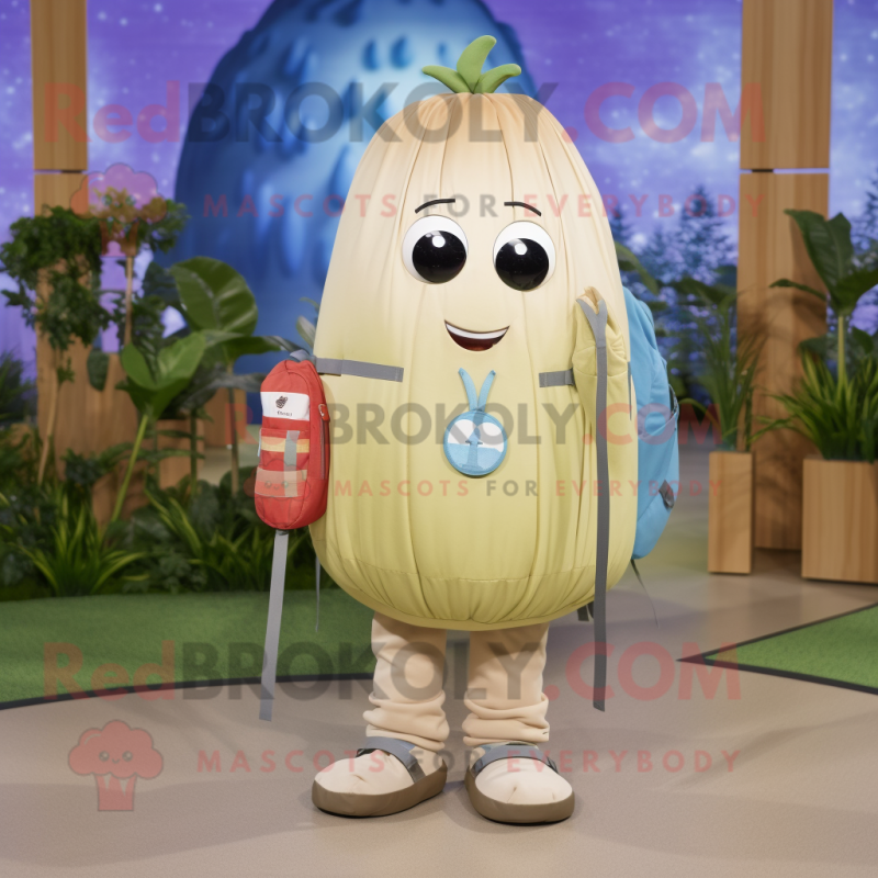 Tan Melon mascot costume character dressed with a Chambray Shirt and Backpacks