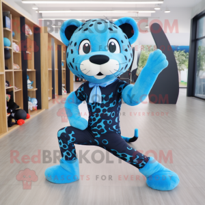 Blue Leopard mascot costume character dressed with a Yoga Pants and Bow ties