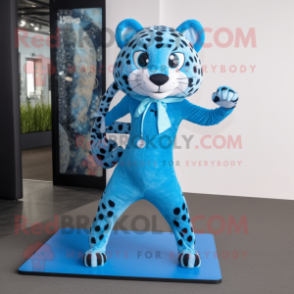 Blue Leopard mascot costume character dressed with a Yoga Pants and Bow ties