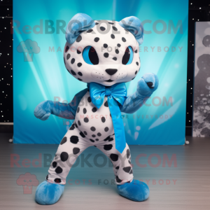 Blue Leopard mascot costume character dressed with a Yoga Pants and Bow ties