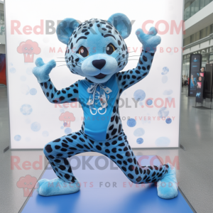 Blue Leopard mascot costume character dressed with a Yoga Pants and Bow ties