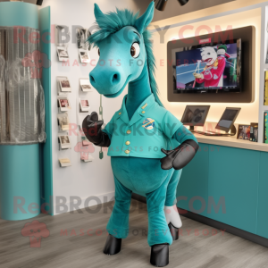 Teal Horse mascot costume character dressed with a Bermuda Shorts and Bracelets
