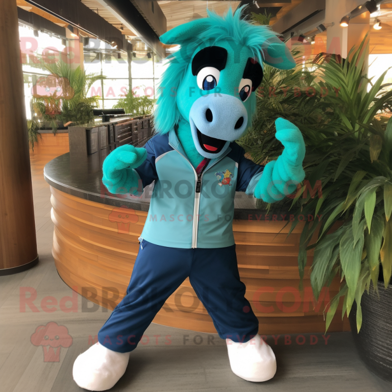 Teal Horse mascot costume character dressed with a Bermuda Shorts and Bracelets Teal Horse mascot costume character dressed with a Bermuda Shorts and Bracelets