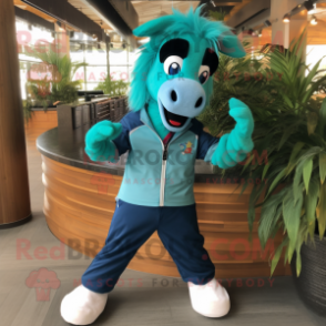 Teal Horse mascot costume character dressed with a Bermuda Shorts and Bracelets