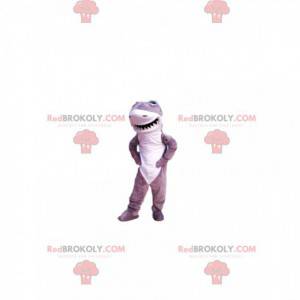 Grå og hvid haj maskot med et stort smil - Redbrokoly.com