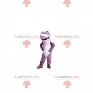 Mascotte de requin gris et blanc avec un grand sourire -