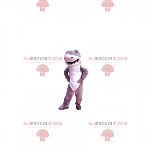 Grå och vit hajmaskot med ett stort leende - Redbrokoly.com