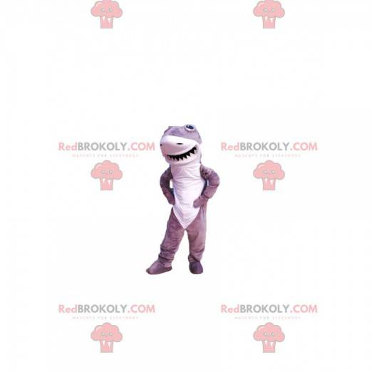 Mascotte de requin gris et blanc avec un grand sourire -