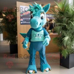 Teal Horse mascot costume character dressed with a Bermuda Shorts and Bracelets