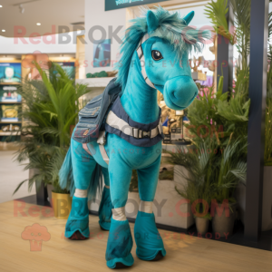 Teal Horse mascot costume character dressed with a Bermuda Shorts and Bracelets