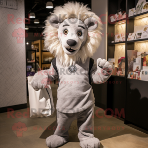 Silver Tamer Lion mascot costume character dressed with a Jeggings and Tote bags