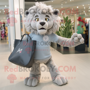 Silver Tamer Lion mascot costume character dressed with a Jeggings and Tote bags