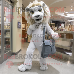 Silver Tamer Lion mascot costume character dressed with a Jeggings and Tote bags