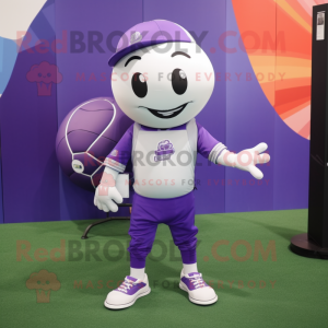 Purple Soccer Ball mascot costume character dressed with a Baseball Tee and Briefcases