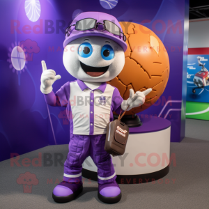 Purple Soccer Ball mascot costume character dressed with a Baseball Tee and Briefcases