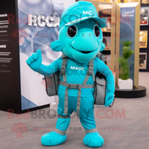 Cyan Marine Recon mascot costume character dressed with a Yoga Pants and Messenger bags