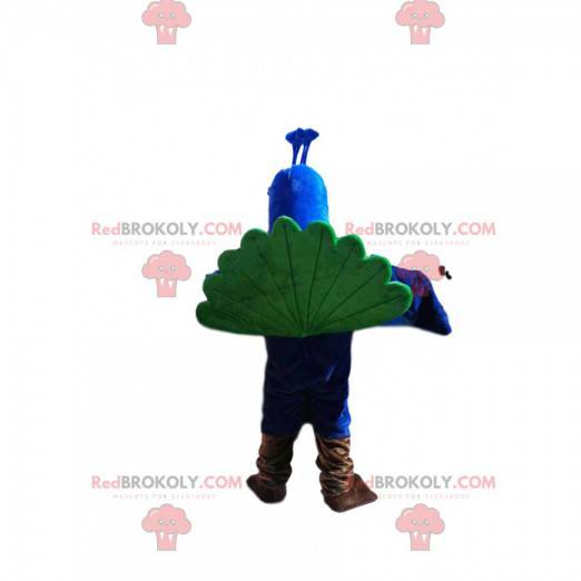 Mascotte blauwe pauw met een sublieme groene staart -