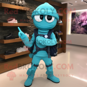Cyan Marine Recon mascot costume character dressed with a Yoga Pants and Messenger bags