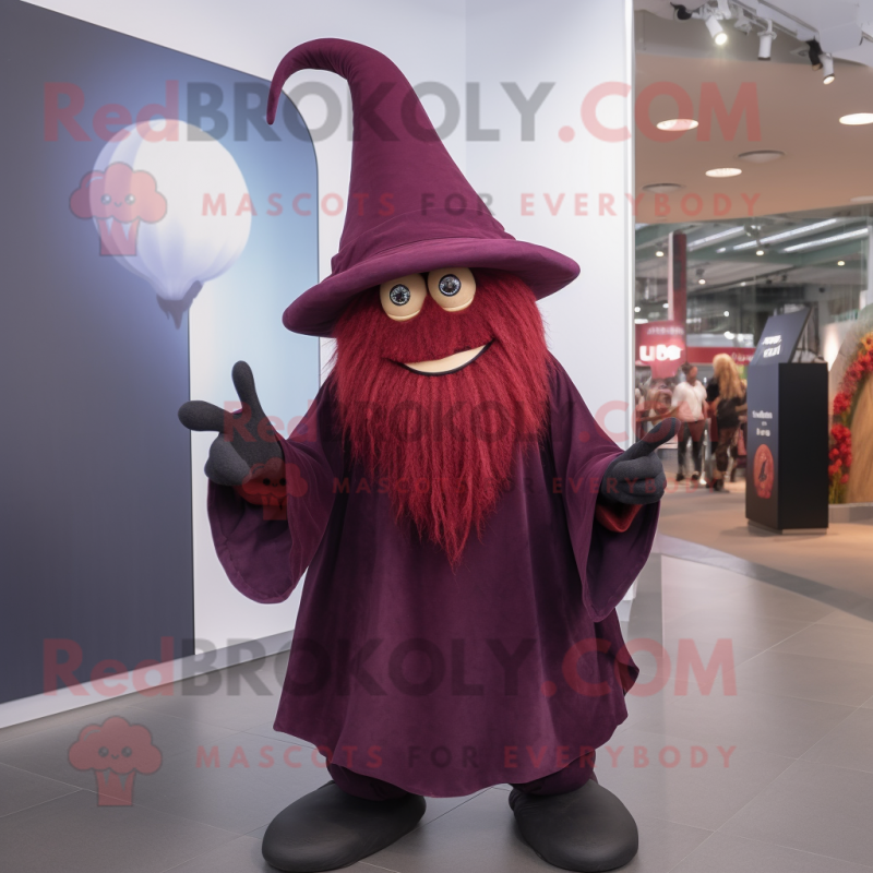 Maroon Witch'S Hat mascot costume character dressed with a Trousers and Foot pads Maroon Witch'S Hat mascot costume character dressed with a Trousers and Foot pads