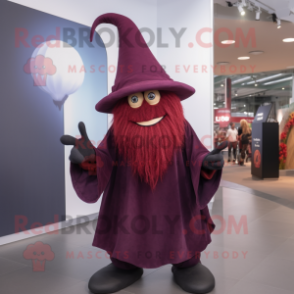 Maroon Witch'S Hat mascot costume character dressed with a Trousers and Foot pads