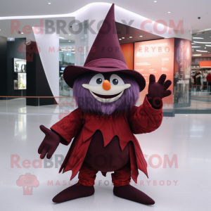 Maroon Witch'S Hat mascot costume character dressed with a Trousers and Foot pads