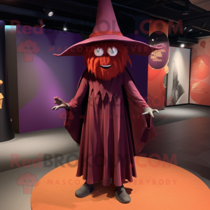 Maroon Witch'S Hat mascot costume character dressed with a Trousers and Foot pads
