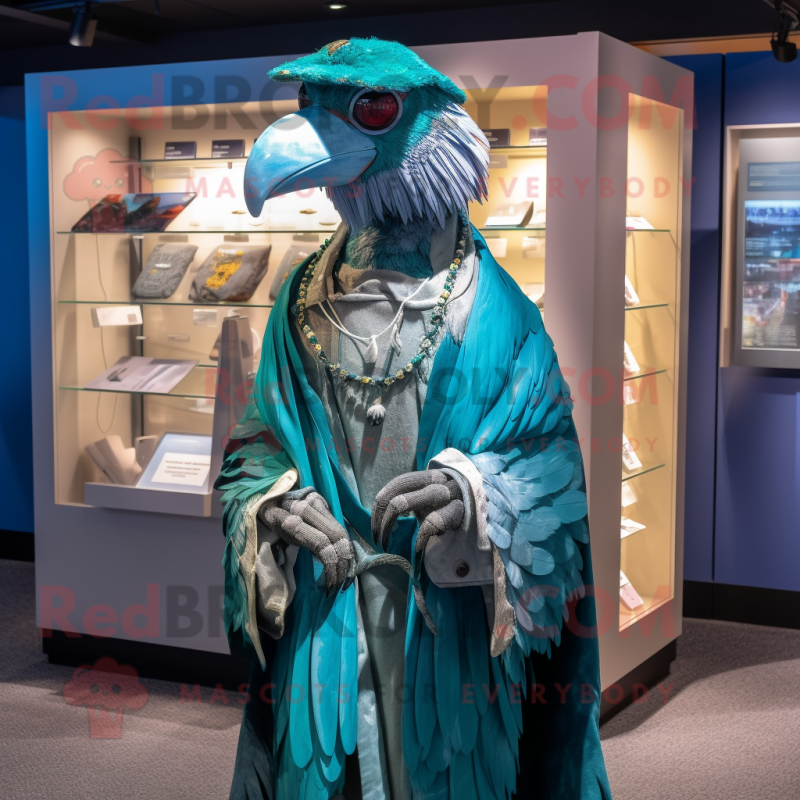 Teal Archeopteryx mascot costume character dressed with a Coat and Necklaces Teal Archeopteryx mascot costume character dressed with a Coat and Necklaces
