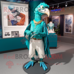 Teal Archeopteryx mascot costume character dressed with a Coat and Necklaces