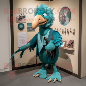 Teal Archeopteryx mascot costume character dressed with a Coat and Necklaces