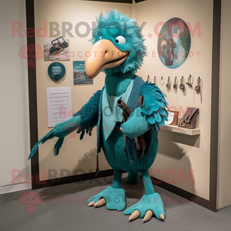 Teal Archeopteryx mascot costume character dressed with a Coat and Necklaces Teal Archeopteryx mascot costume character dressed with a Coat and Necklaces